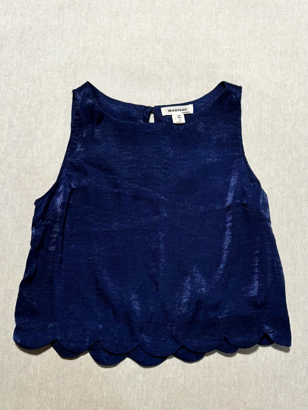 Monteau by Anthropology Navy Satin Scallop-Hem Sleeveless Top Small